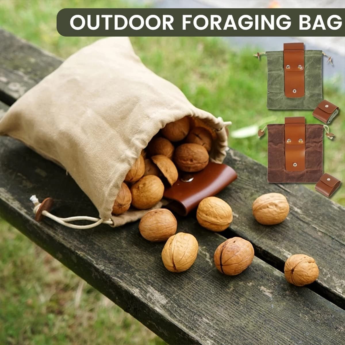 Foldable Canvas Belt Bag, Foldable Foraging Bag Outdoor Waxed Canvas Picking Fruit Drawstring Pouch Multi-Purpose Leather Belt Bag for Camping Hiking