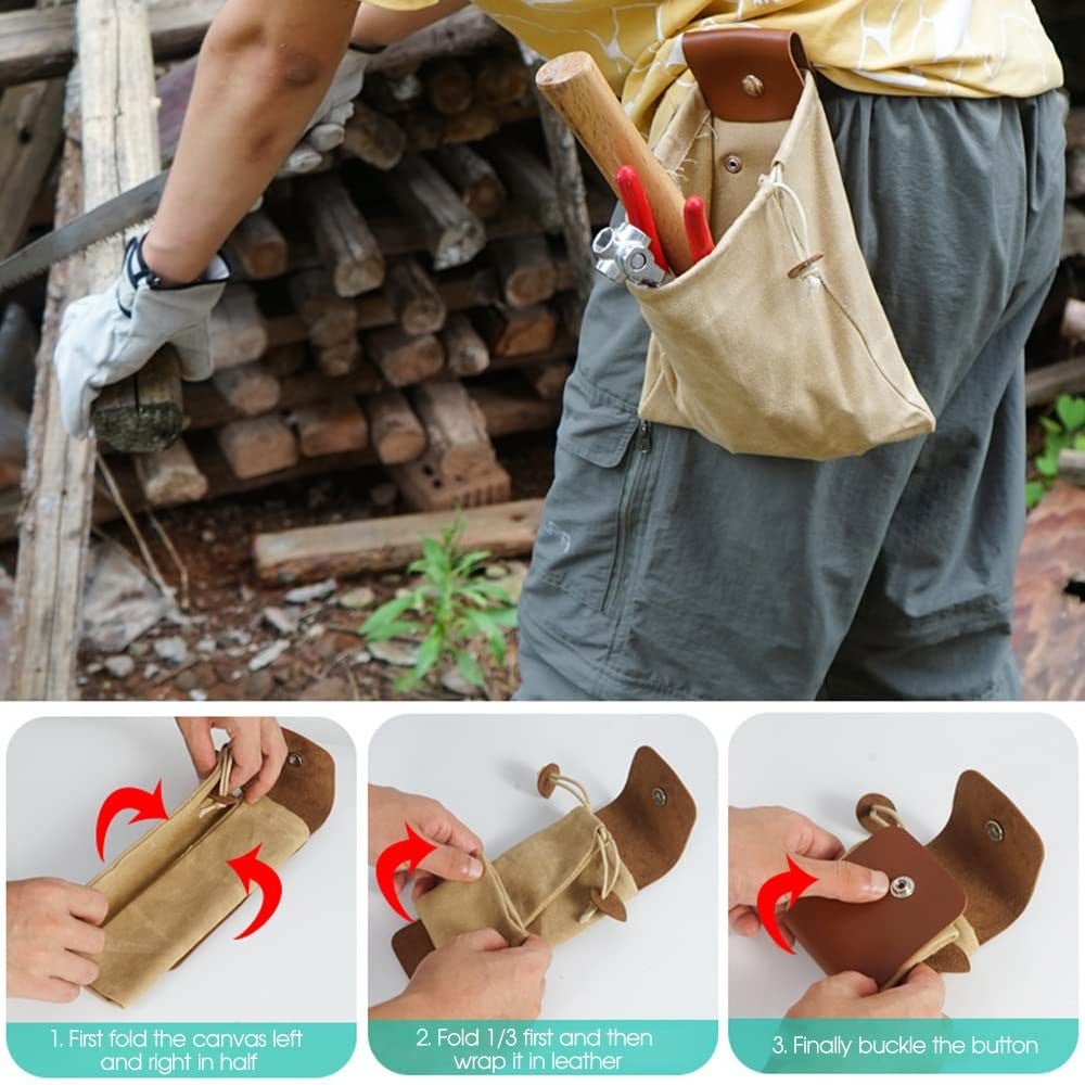 Foldable Canvas Belt Bag, Foldable Foraging Bag Outdoor Waxed Canvas Picking Fruit Drawstring Pouch Multi-Purpose Leather Belt Bag for Camping Hiking