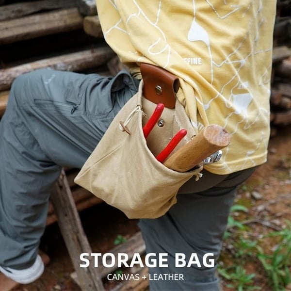 Foldable Canvas Belt Bag, Foldable Foraging Bag Outdoor Waxed Canvas Picking Fruit Drawstring Pouch Multi-Purpose Leather Belt Bag for Camping Hiking