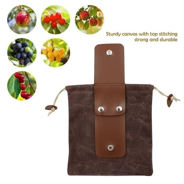 Foldable Canvas Belt Bag, Foldable Foraging Bag Outdoor Waxed Canvas Picking Fruit Drawstring Pouch Multi-Purpose Leather Belt Bag for Camping Hiking