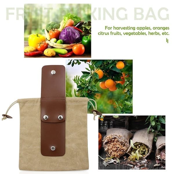 Foldable Canvas Belt Bag, Foldable Foraging Bag Outdoor Waxed Canvas Picking Fruit Drawstring Pouch Multi-Purpose Leather Belt Bag for Camping Hiking