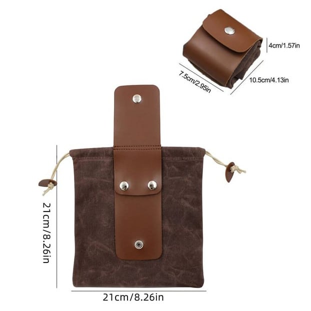 Foldable Canvas Belt Bag, Foldable Foraging Bag Outdoor Waxed Canvas Picking Fruit Drawstring Pouch Multi-Purpose Leather Belt Bag for Camping Hiking