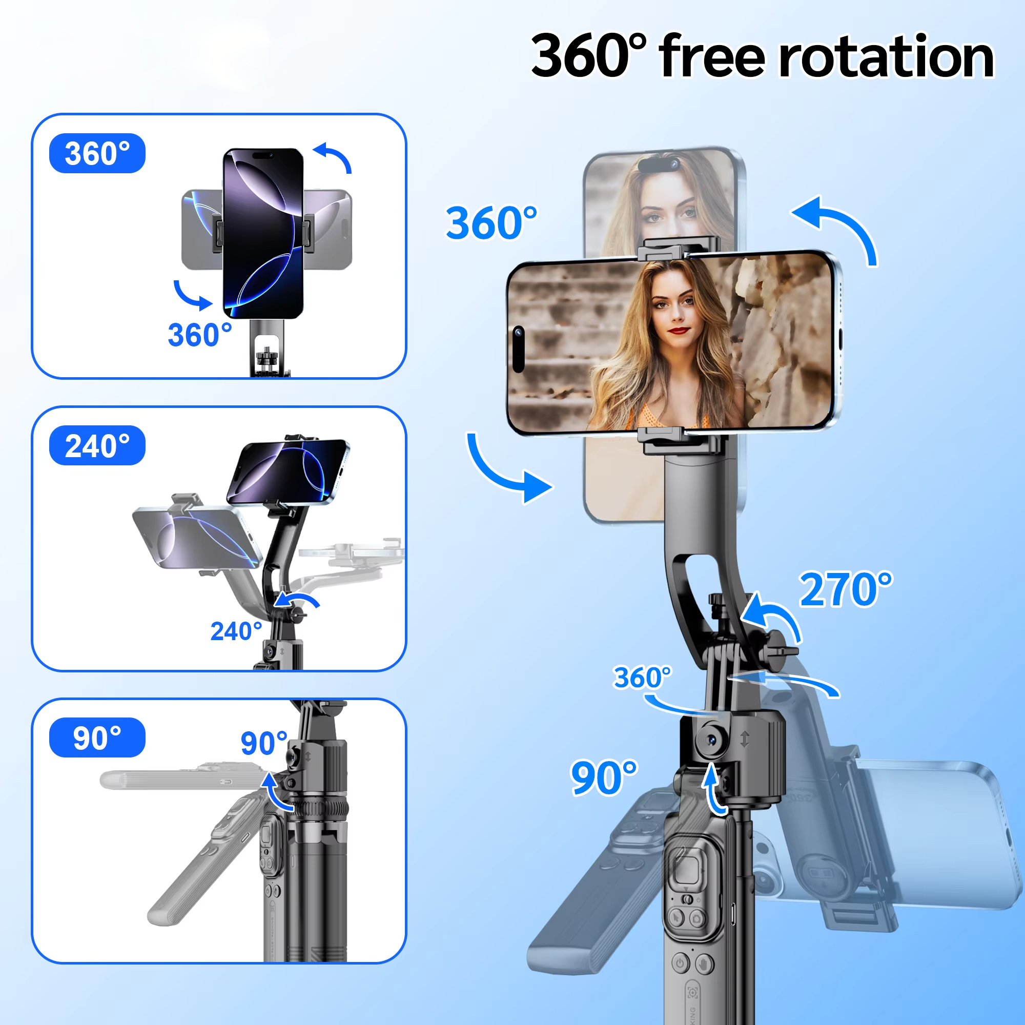 Tripod 360°Auto-Rotation AI Tracking Remote Control Bluetooth Shooting Quadrapod Selfie Stick Stabilizer Optional Fill Light