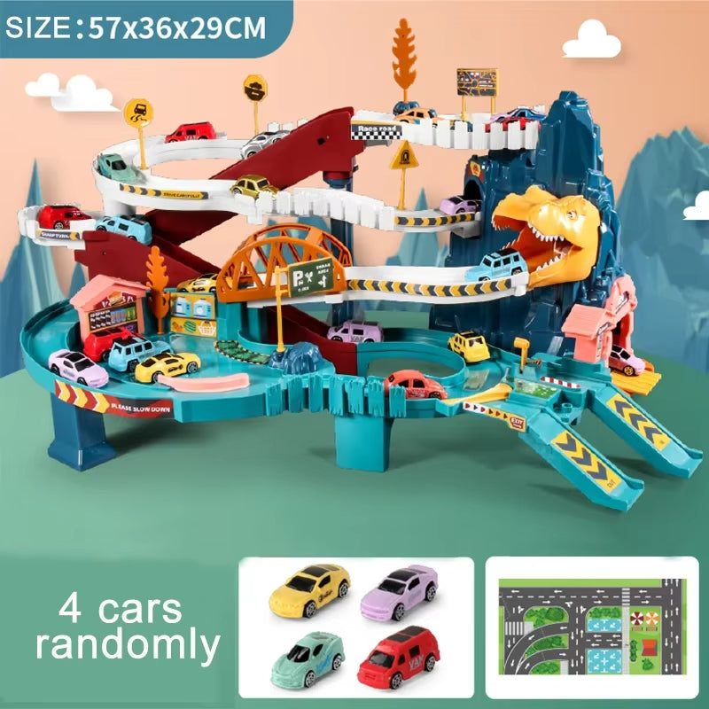 King Size Dinosaur Race Track Playset Toys for Kids With 10Mini Car Ramp Track Adventure Car Garage Parking Toy