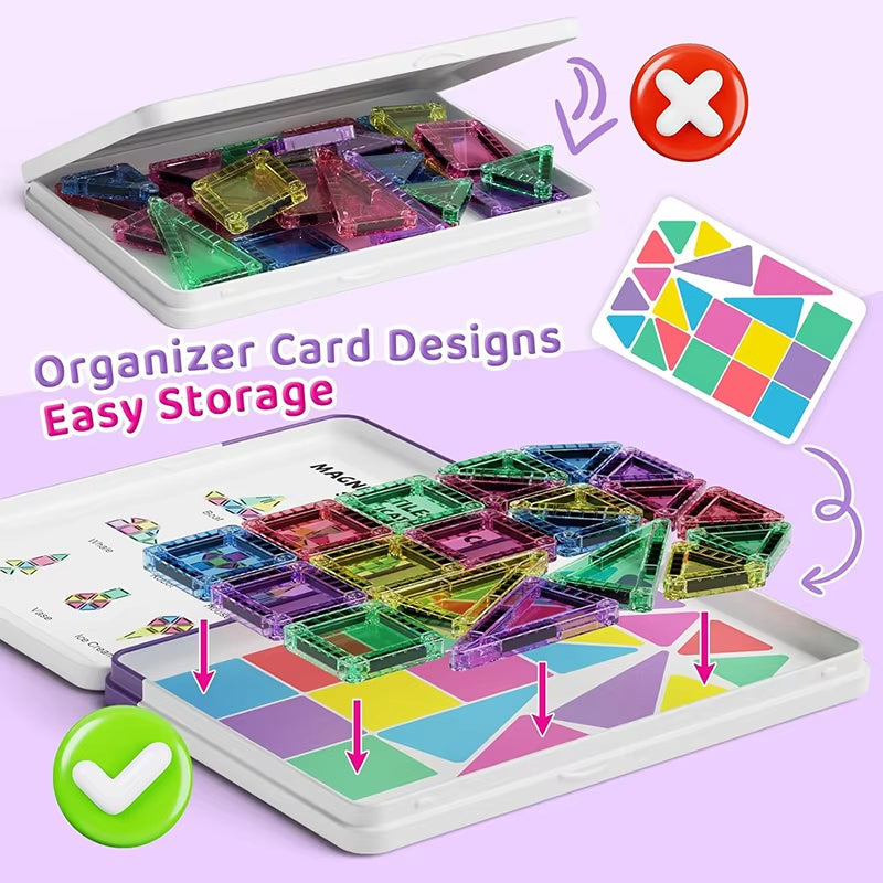 Mini Magnetic Tiles Building Blocks 40PCS - Montessori Educational Magnet Travel Construction Set with Iron Storage Box, Airplane Activities Toys