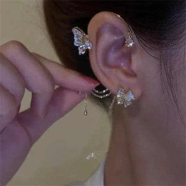 Butterfly Tassel Style Zircon Earrings for Women No Piercing Zircon Butterfly Ear Clip