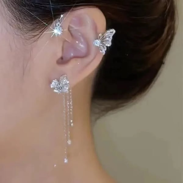 Butterfly Tassel Style Zircon Earrings for Women No Piercing Zircon Butterfly Ear Clip