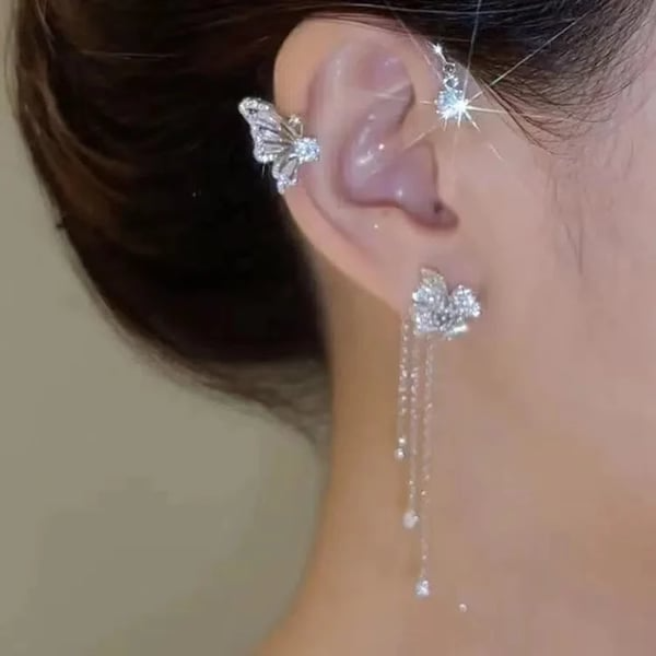 Butterfly Tassel Style Zircon Earrings for Women No Piercing Zircon Butterfly Ear Clip