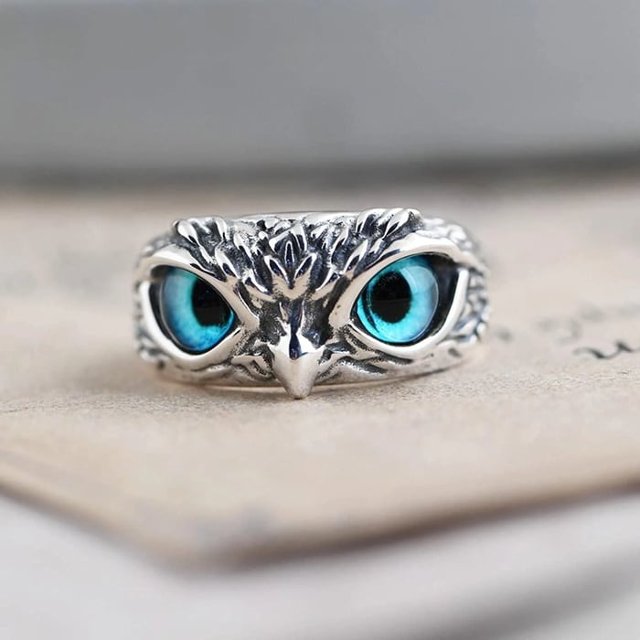New Adjustable Owl Ring, Vintage Cute Blue Eye Owl Ring for Women Men