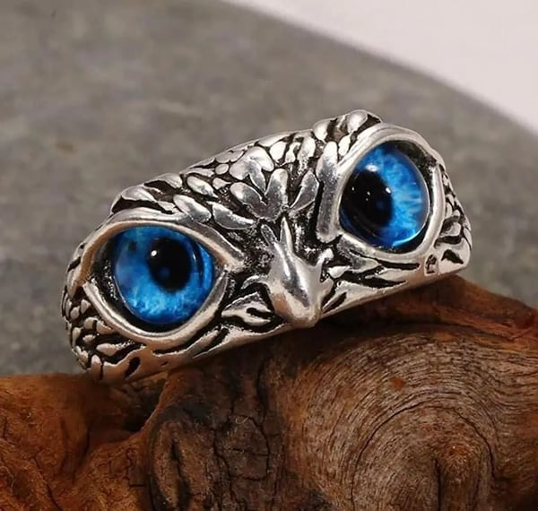 New Adjustable Owl Ring, Vintage Cute Blue Eye Owl Ring for Women Men