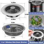 3-in-1 Kitchen Sink Drain Strainer & Stopper, Kitchen Sink Drain Strainer & Stopper with Basket, Stainless Steel Drain Plug Cover Catcher for Food Waste