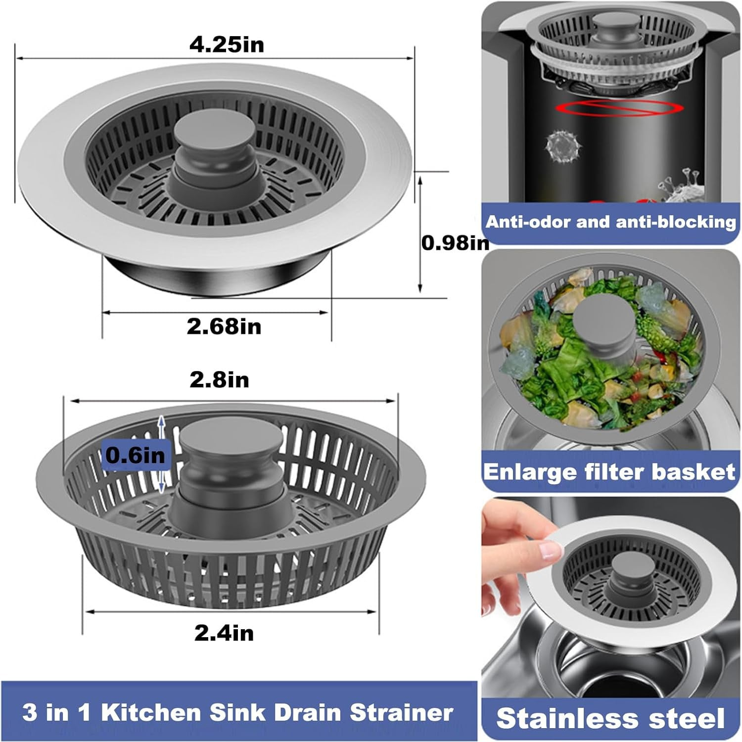 3-in-1 Kitchen Sink Drain Strainer & Stopper, Kitchen Sink Drain Strainer & Stopper with Basket, Stainless Steel Drain Plug Cover Catcher for Food Waste