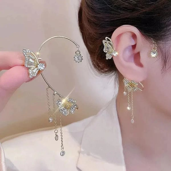 Butterfly Tassel Style Zircon Earrings for Women No Piercing Zircon Butterfly Ear Clip