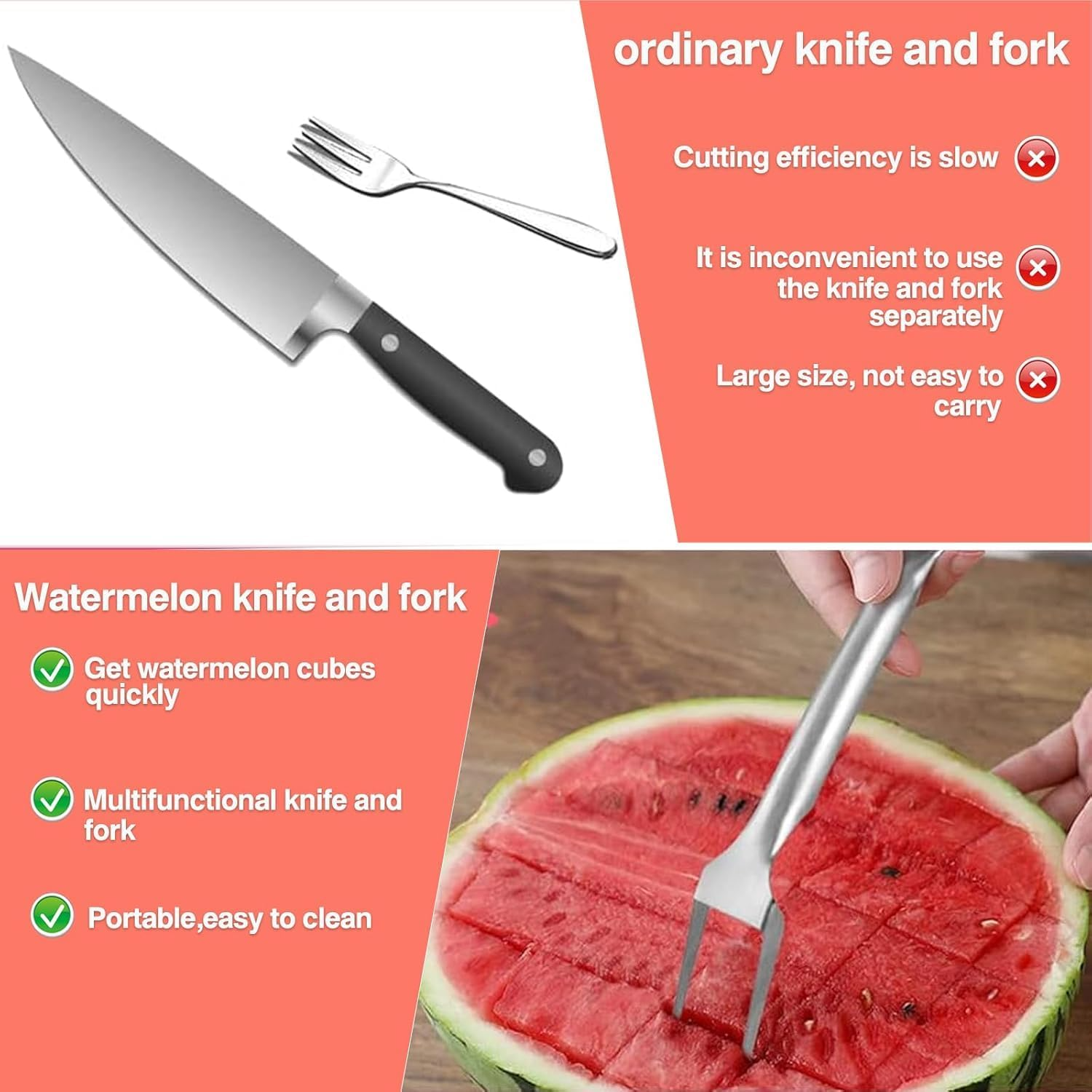 2-in-1 Stainless Steel Fruit Cutter, Dual Head Watermelon Fork Slicer Tool