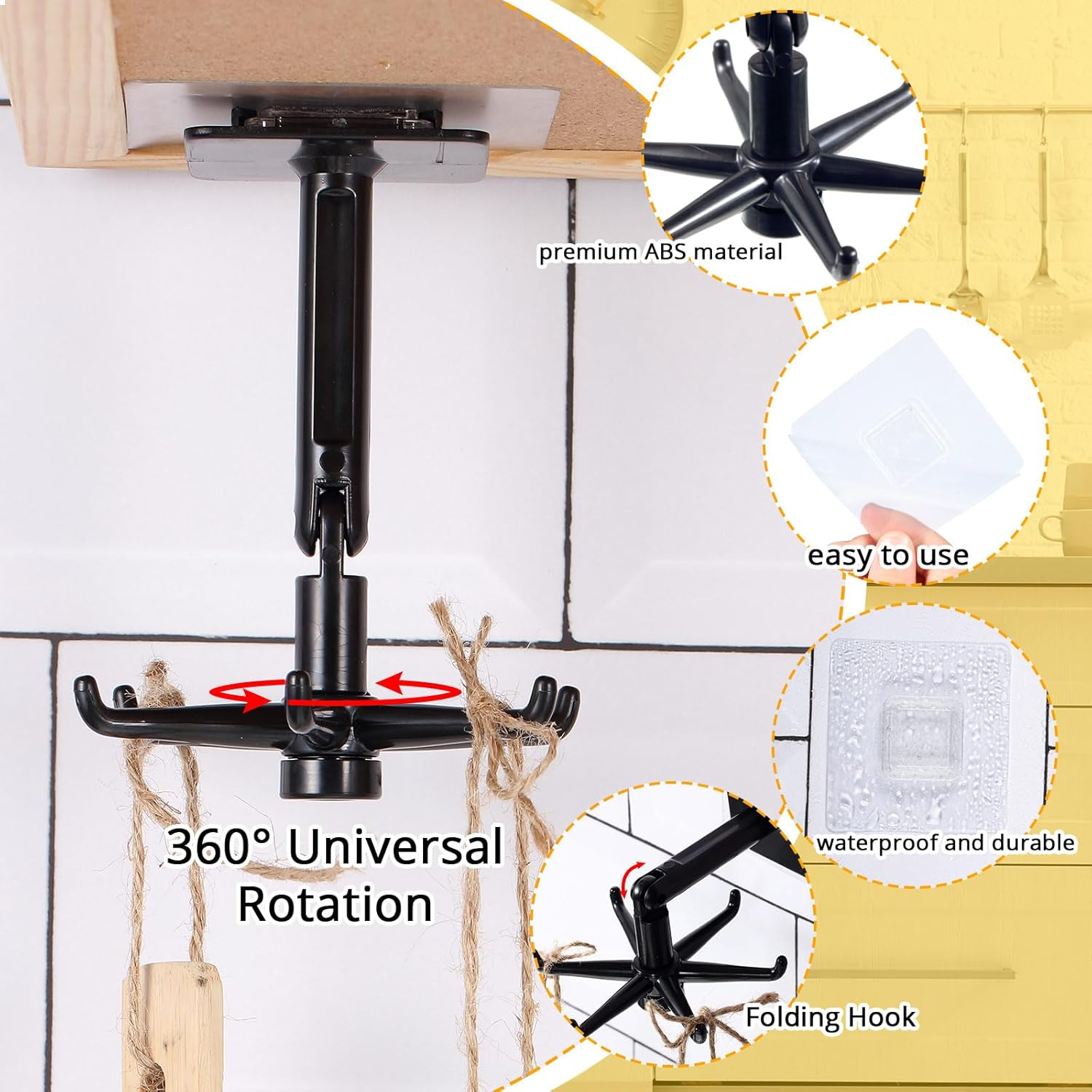 360° Rotatable Hooks For Hanging, 4 Pieces 360 Rotating Folding Hook Multi-purpose Hanging Utensil Holder Hook, Hooks for Kitchen Bathroom Cabinet Towel
