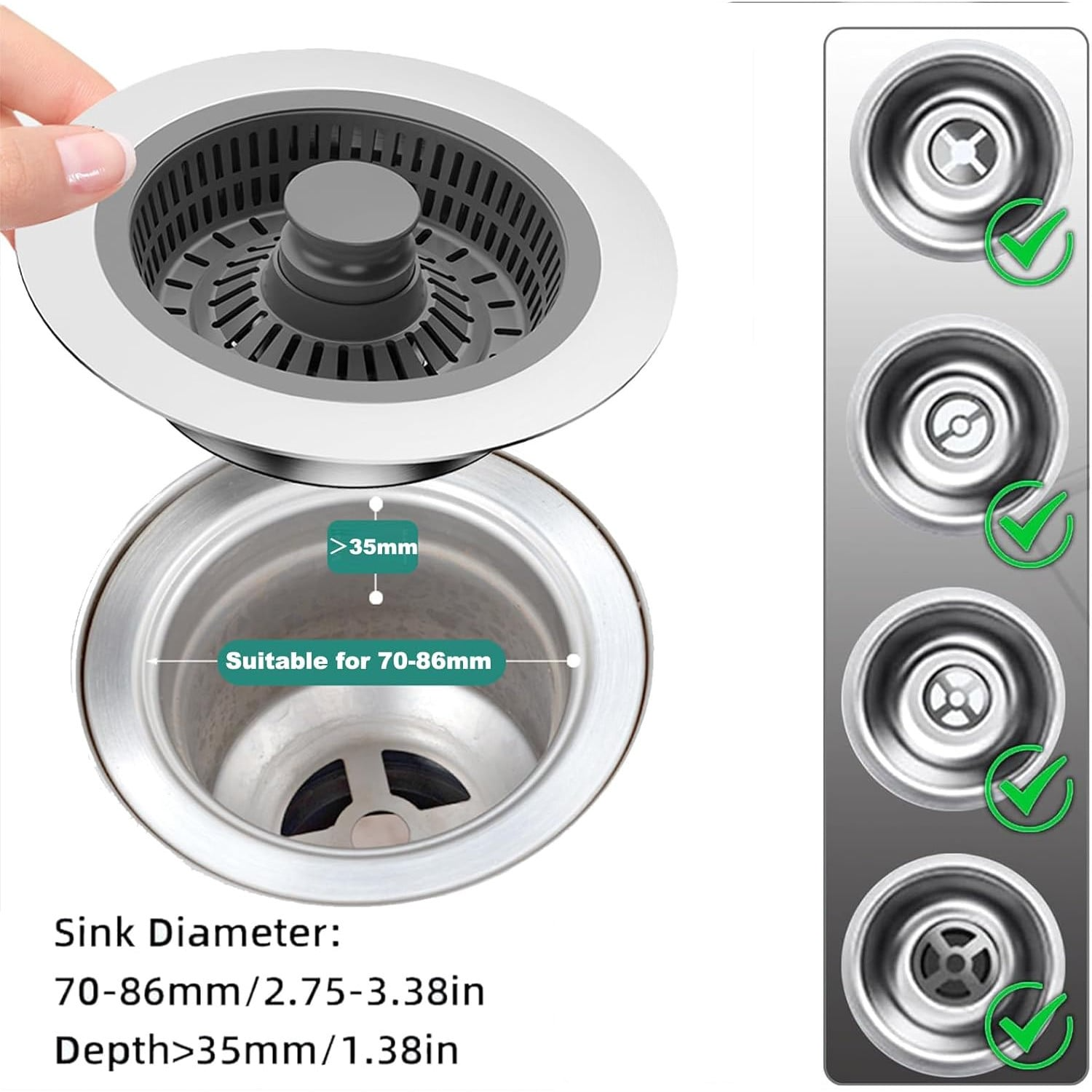 3-in-1 Kitchen Sink Drain Strainer & Stopper, Kitchen Sink Drain Strainer & Stopper with Basket, Stainless Steel Drain Plug Cover Catcher for Food Waste