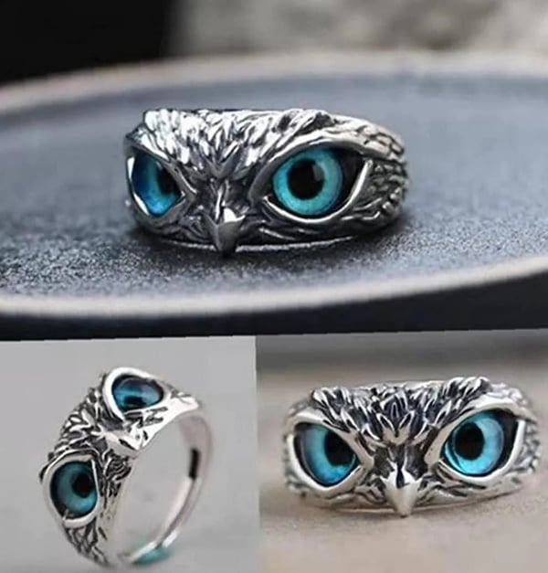 New Adjustable Owl Ring, Vintage Cute Blue Eye Owl Ring for Women Men