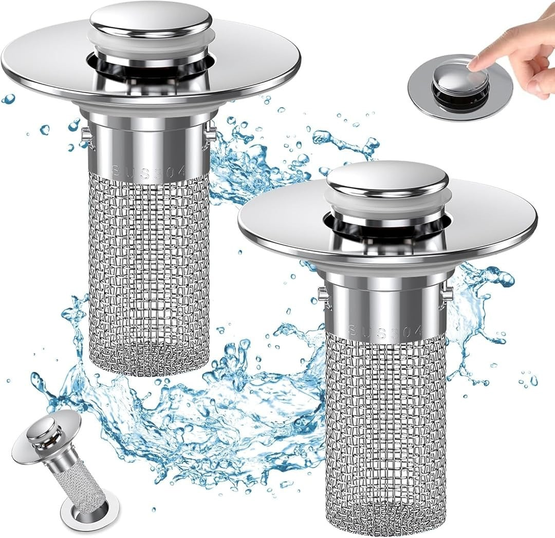 2 Pack Bathroom Sink Stopper Hair Catcher, Universal Pop Up Sink Drain Filter with Stainless Steel Filter Basket, Stainless Steel Pop-Up Drain Filter