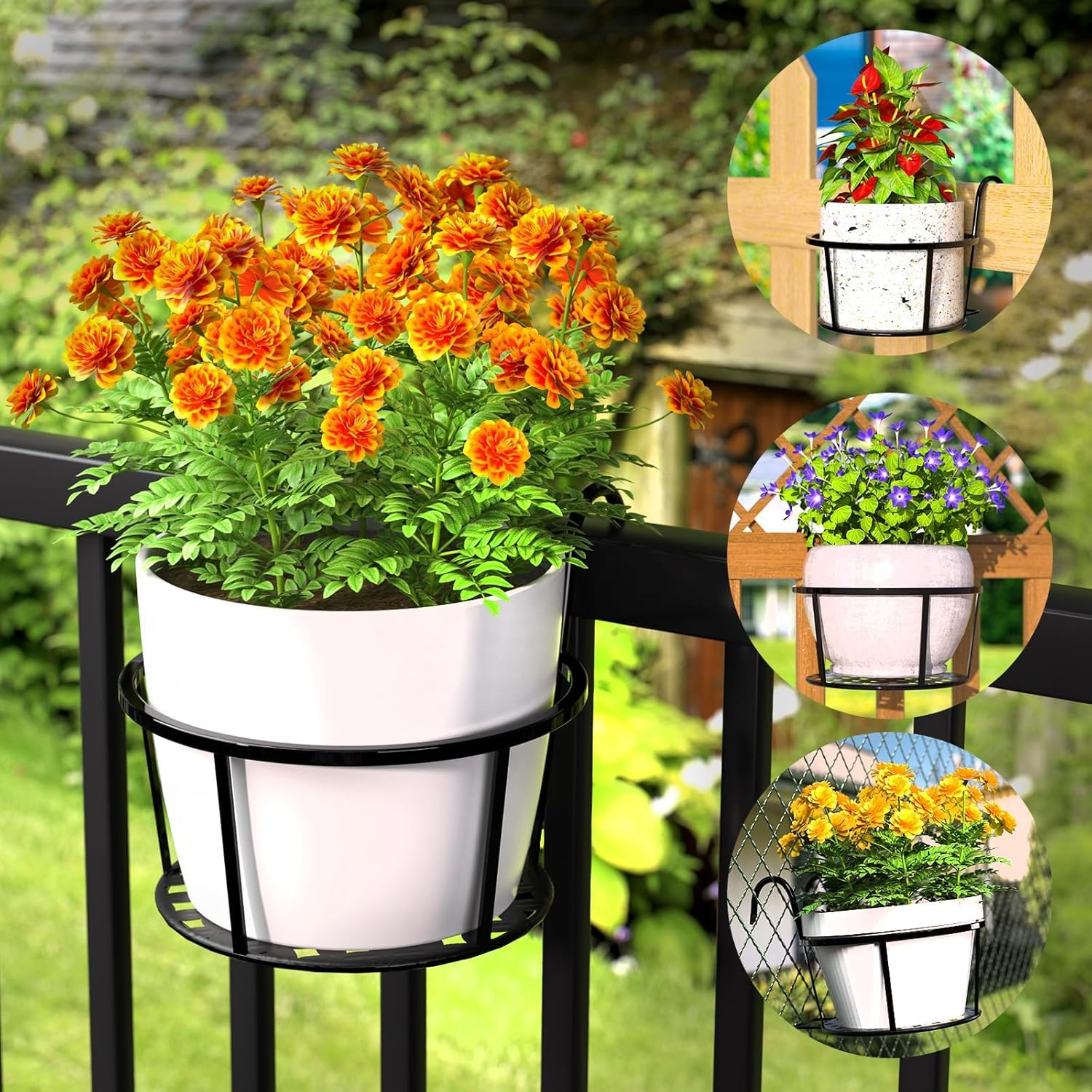 Hanging Flower Stand, Iron Hanging Plant Holder Over The Rail Metal Fence Planters