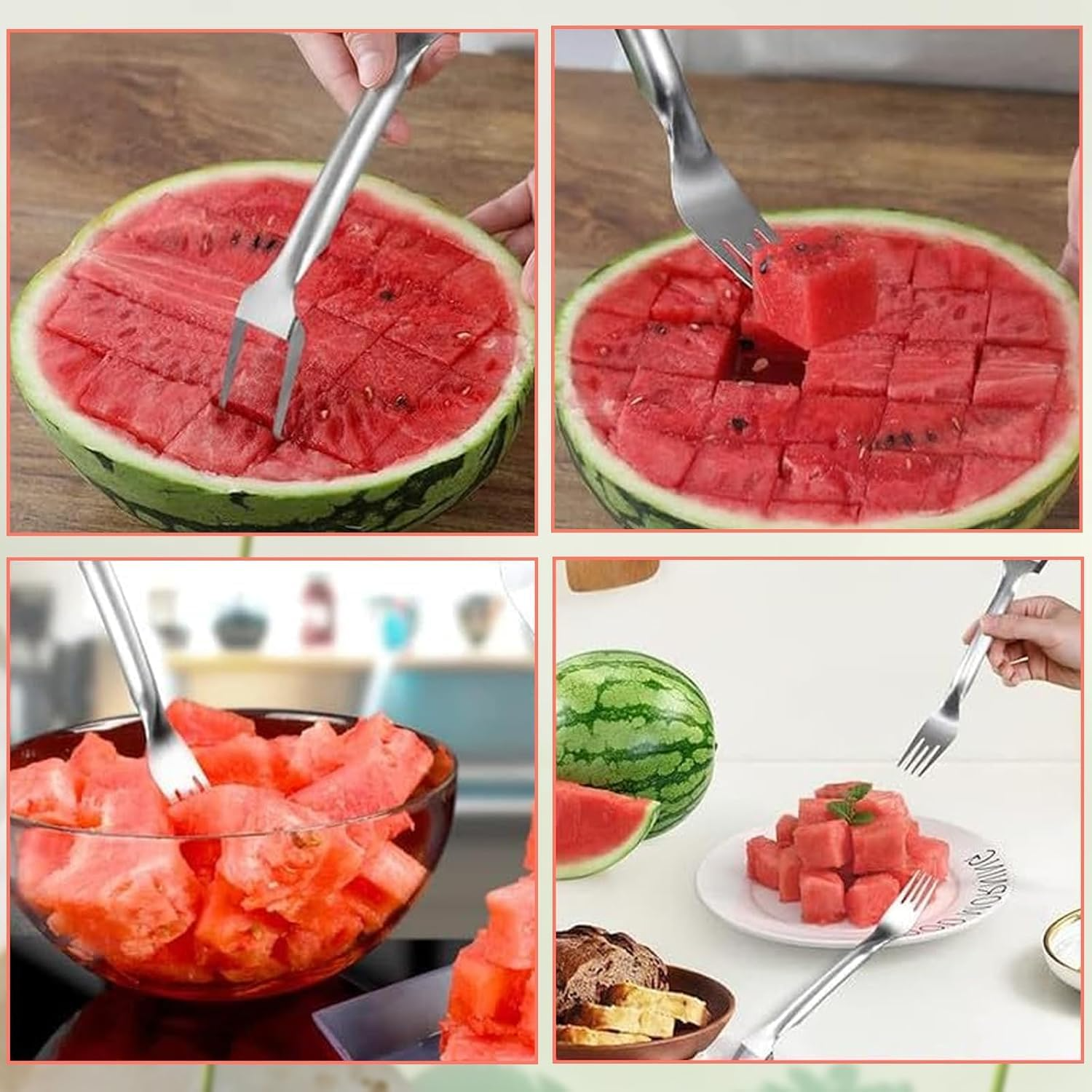 2-in-1 Stainless Steel Fruit Cutter, Dual Head Watermelon Fork Slicer Tool