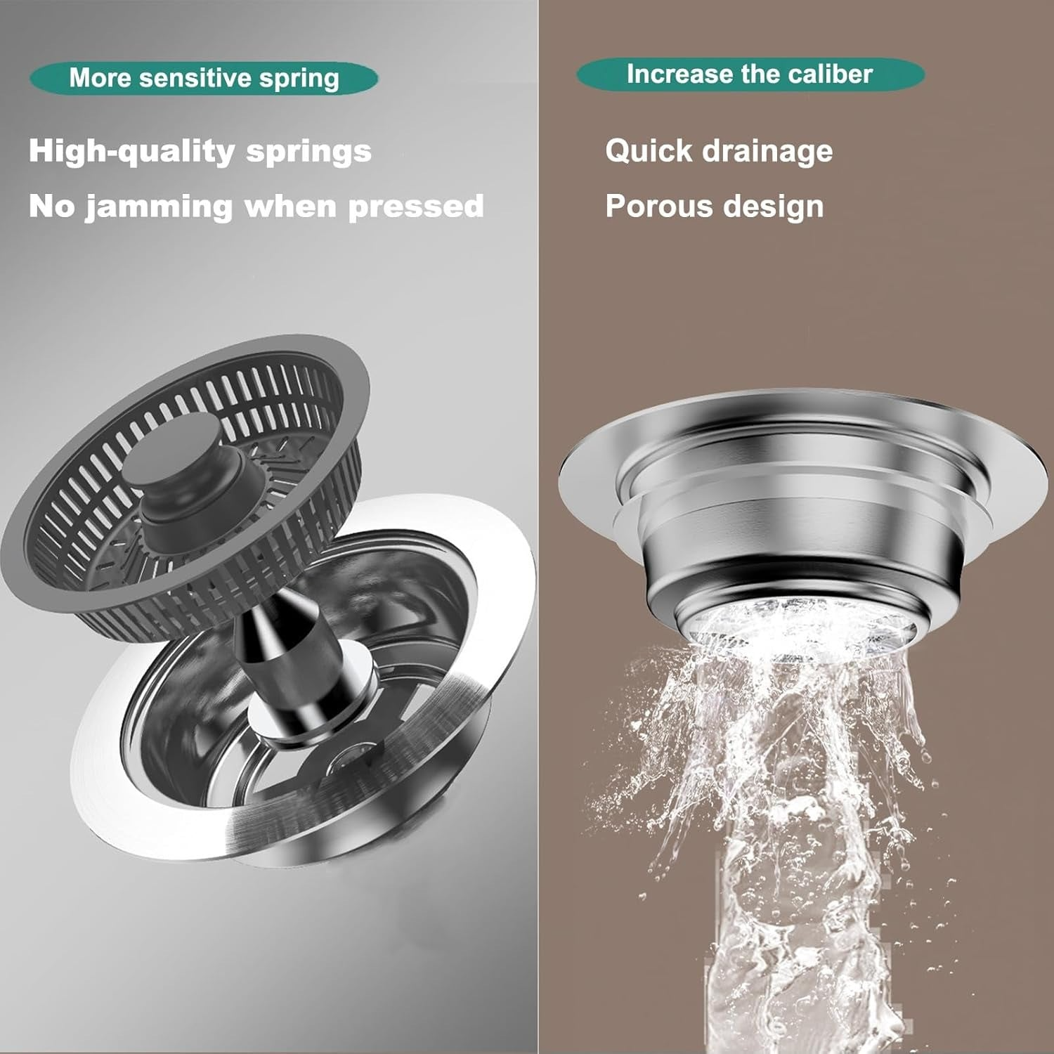 3-in-1 Kitchen Sink Drain Strainer & Stopper, Kitchen Sink Drain Strainer & Stopper with Basket, Stainless Steel Drain Plug Cover Catcher for Food Waste