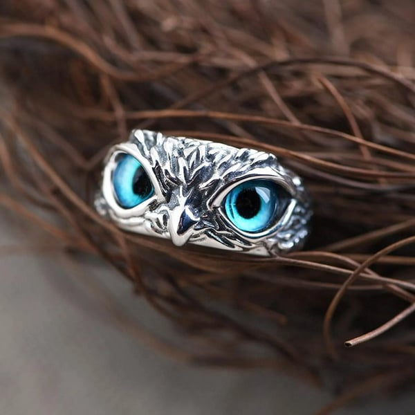 New Adjustable Owl Ring, Vintage Cute Blue Eye Owl Ring for Women Men