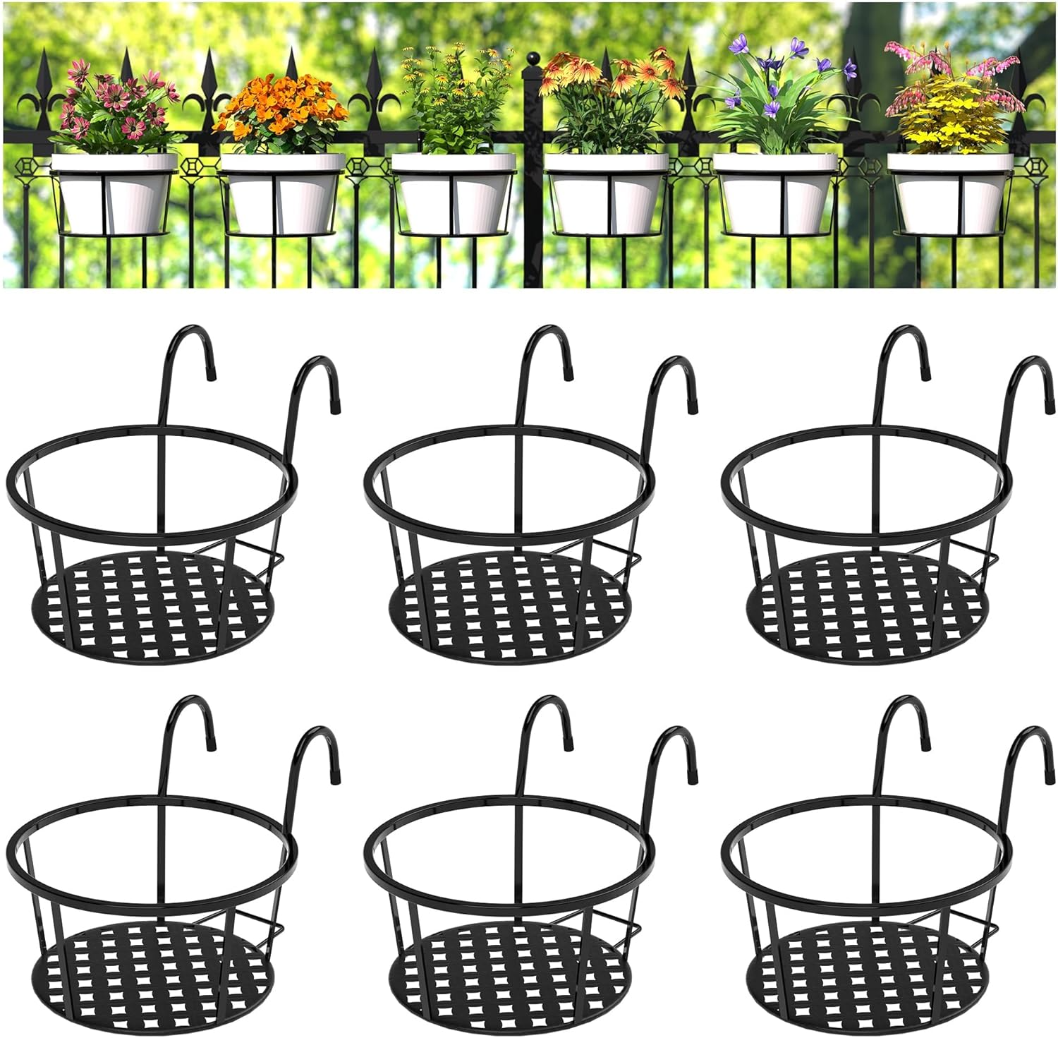 Hanging Flower Stand, Iron Hanging Plant Holder Over The Rail Metal Fence Planters