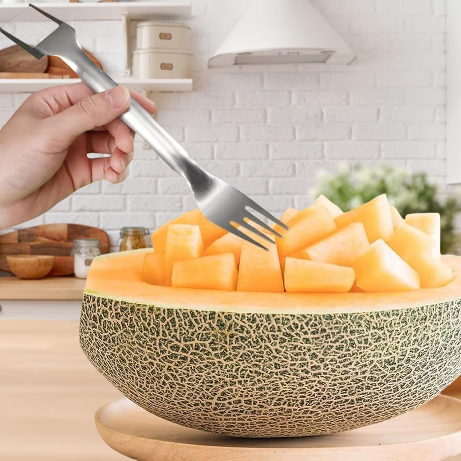 2-in-1 Stainless Steel Fruit Cutter, Dual Head Watermelon Fork Slicer Tool