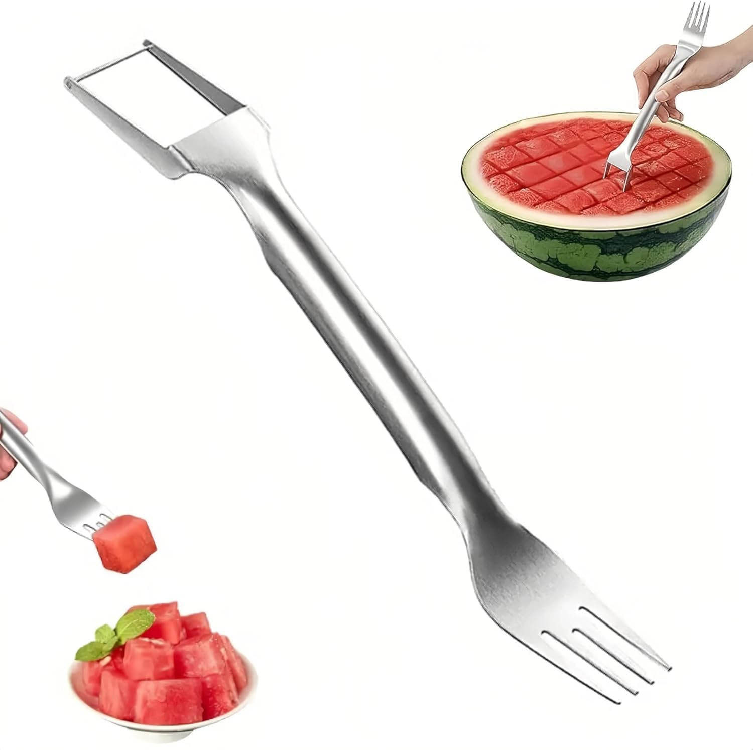 2-in-1 Stainless Steel Fruit Cutter, Dual Head Watermelon Fork Slicer Tool