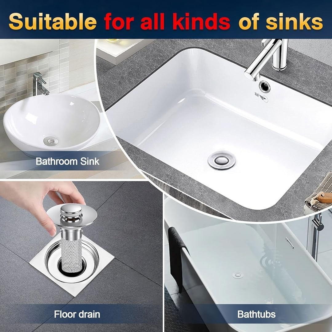 2 Pack Bathroom Sink Stopper Hair Catcher, Universal Pop Up Sink Drain Filter with Stainless Steel Filter Basket, Stainless Steel Pop-Up Drain Filter