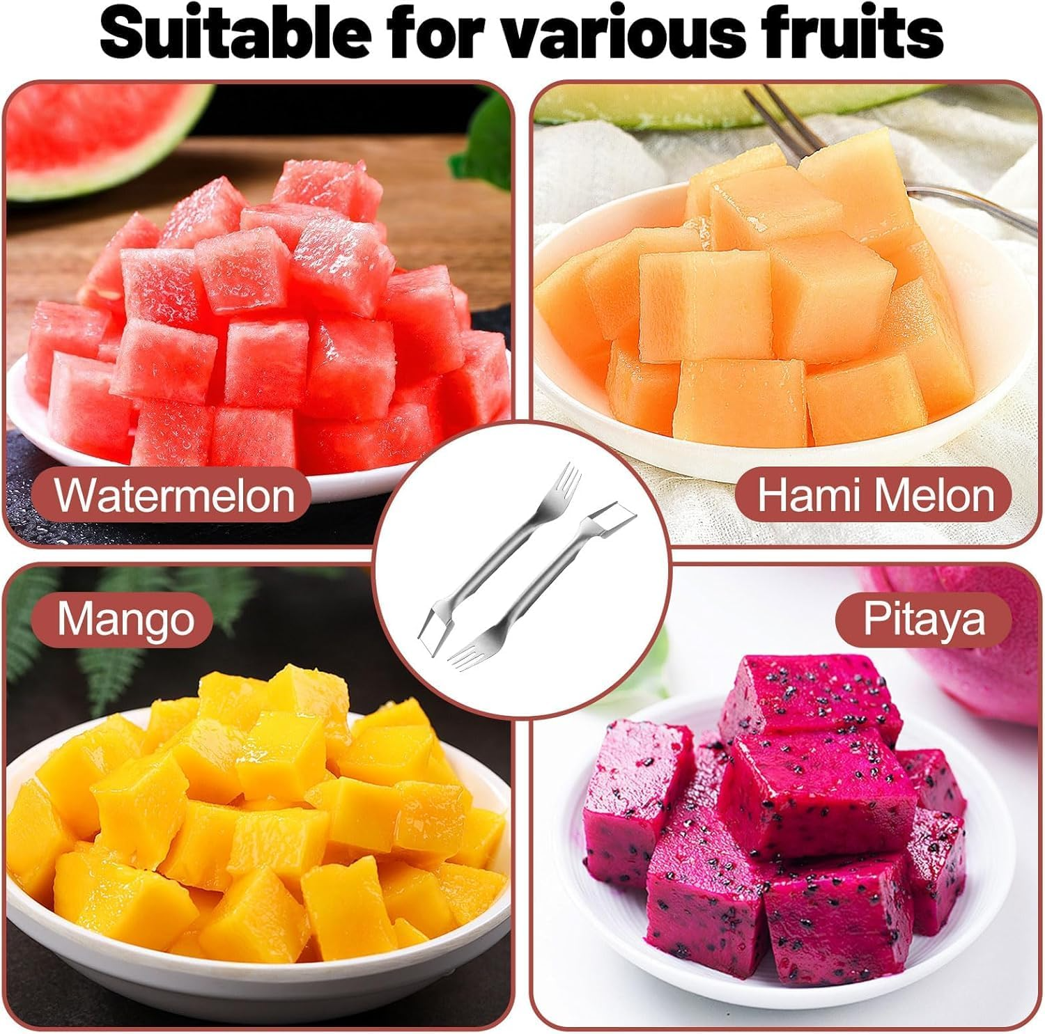 2-in-1 Stainless Steel Fruit Cutter, Dual Head Watermelon Fork Slicer Tool