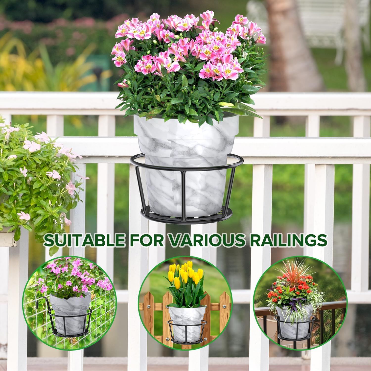 Hanging Flower Stand, Iron Hanging Plant Holder Over The Rail Metal Fence Planters