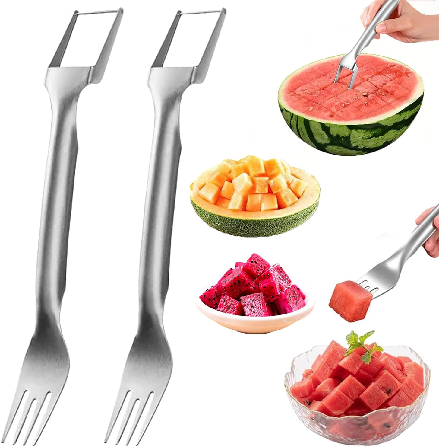 2-in-1 Stainless Steel Fruit Cutter, Dual Head Watermelon Fork Slicer Tool