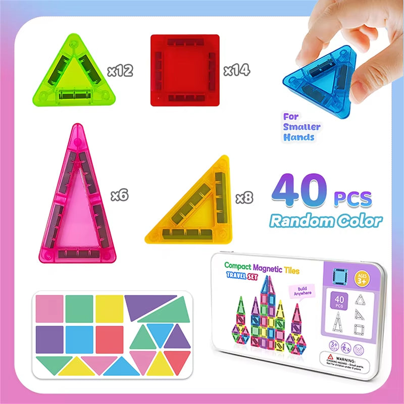 Mini Magnetic Tiles Building Blocks 40PCS - Montessori Educational Magnet Travel Construction Set with Iron Storage Box, Airplane Activities Toys