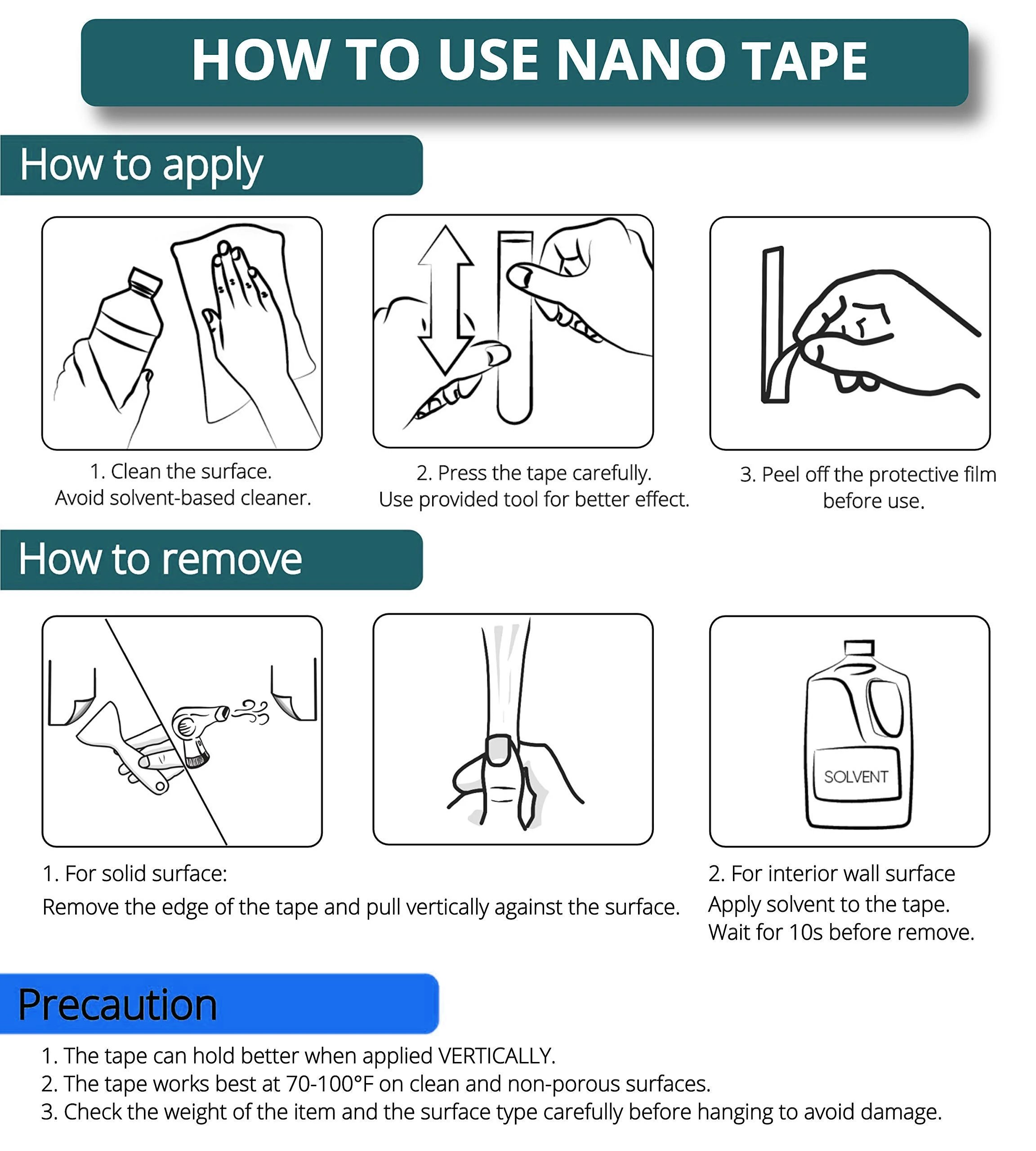 Transparent Magic Nano Tape Double Sided Grip, Removable Nano Tape for Poster Carpet Picture Hanging Strip Rug Wall Outdoor